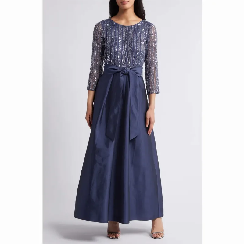 Pisarro Nights Bow Long Sleeve Sequin & Taffeta Gown in Denim at Nordstrom, Size 2