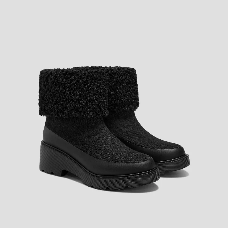 VIVAIA Faux Fur Platform Chunky Wedge Boots（Elaine）|BLACK WOOL|US 6