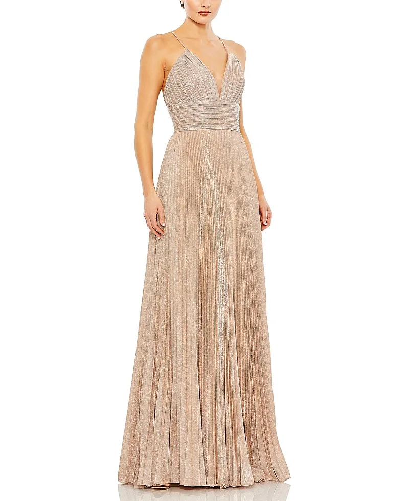 Mac Duggal Shimmer Pleated V neck Gown