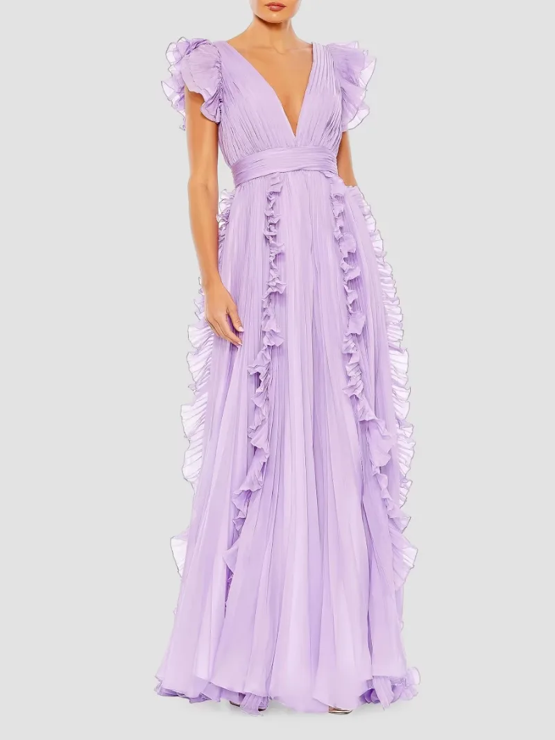 Mac Duggal Women's Ieena One Ruffled Chiffon A-Line Gown - Lilac - Size 12
