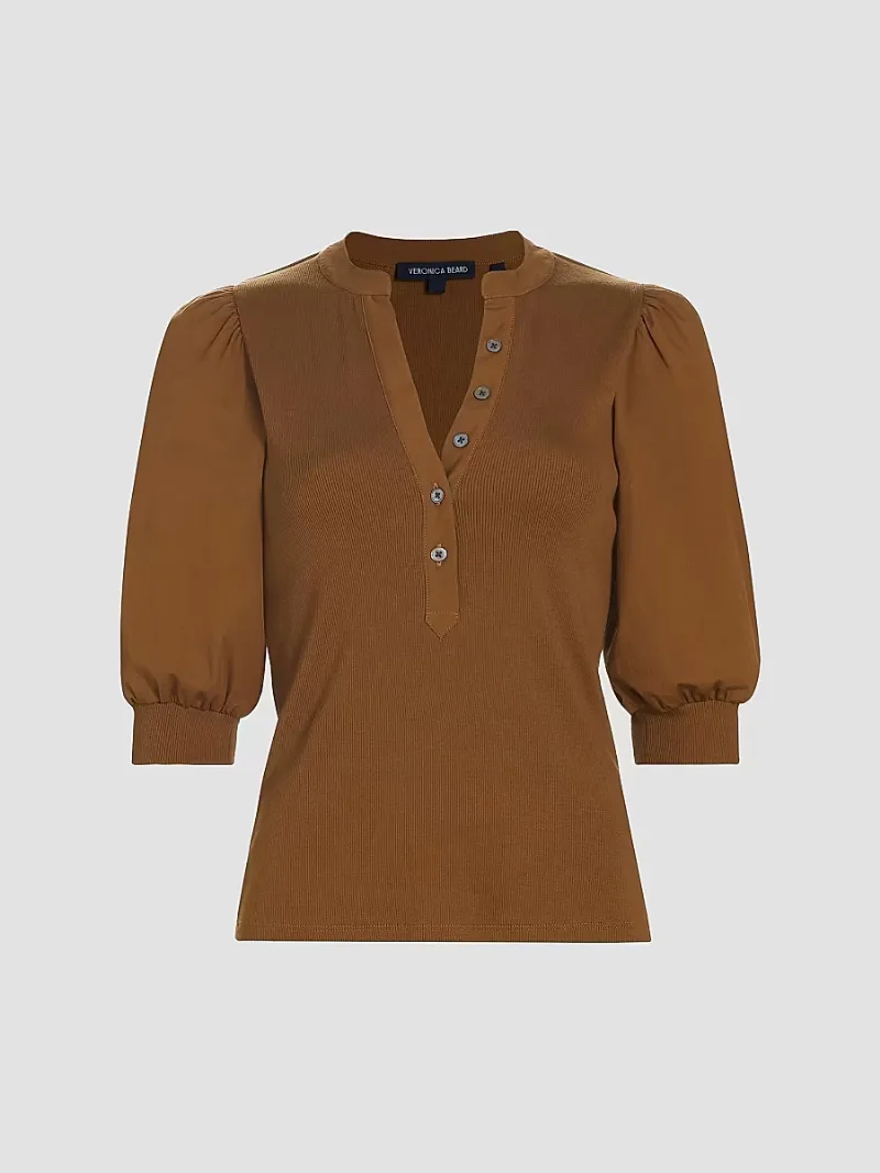 Veronica Beard Women's Coralee Ribbed Puff-Sleeve Top - Ochre - Size Small