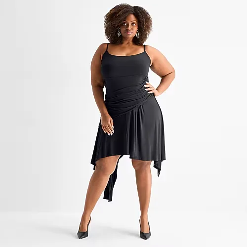 Ashley Graham Womens Plus High-Low Square Neck Sleeveless Fit + Flare Dress, 3x, Black