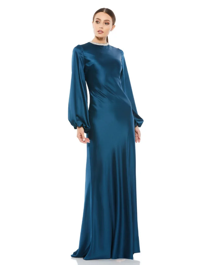Women's Ieena Satin Long Blouson Sleeve Evening Gown - Sapphire