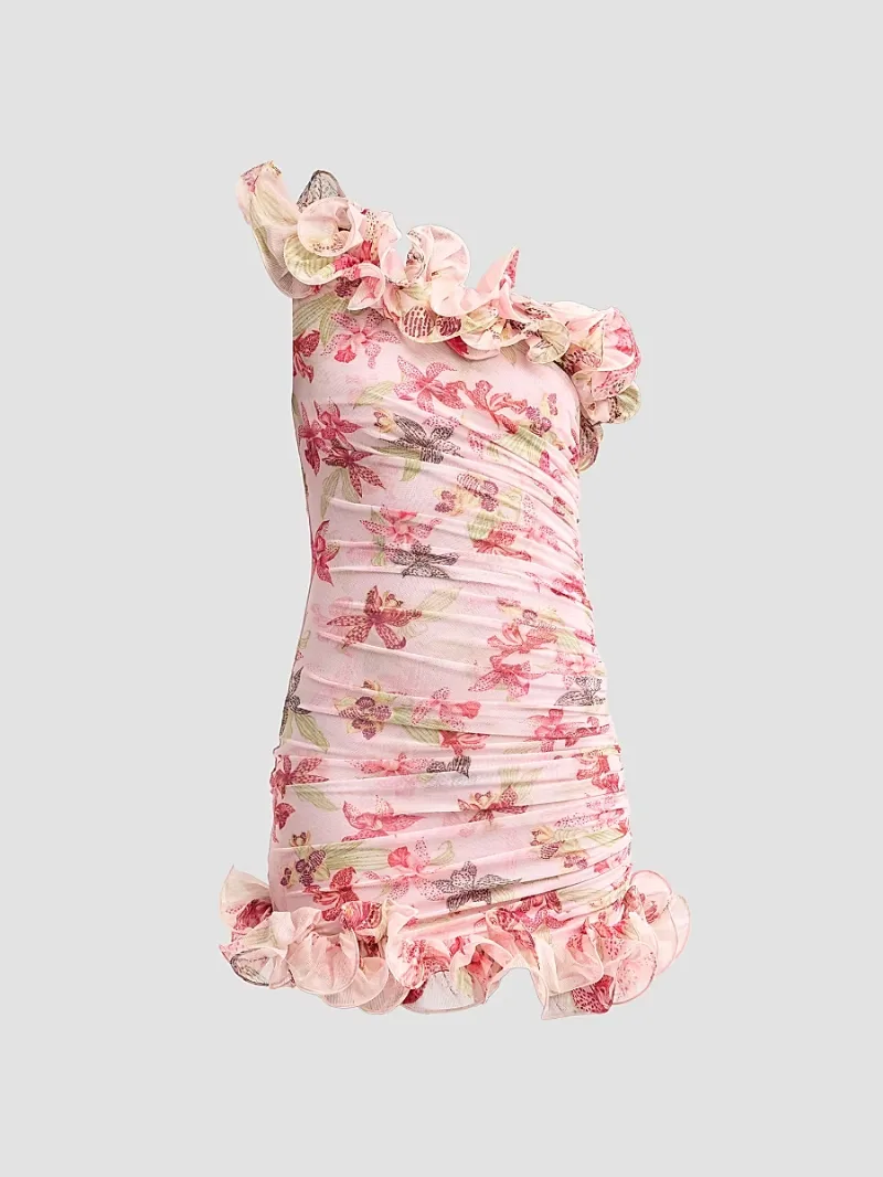 PatBO Women's Orchid Bloom One-Shoulder Chiffon Mini Dress - Rose - Size 10
