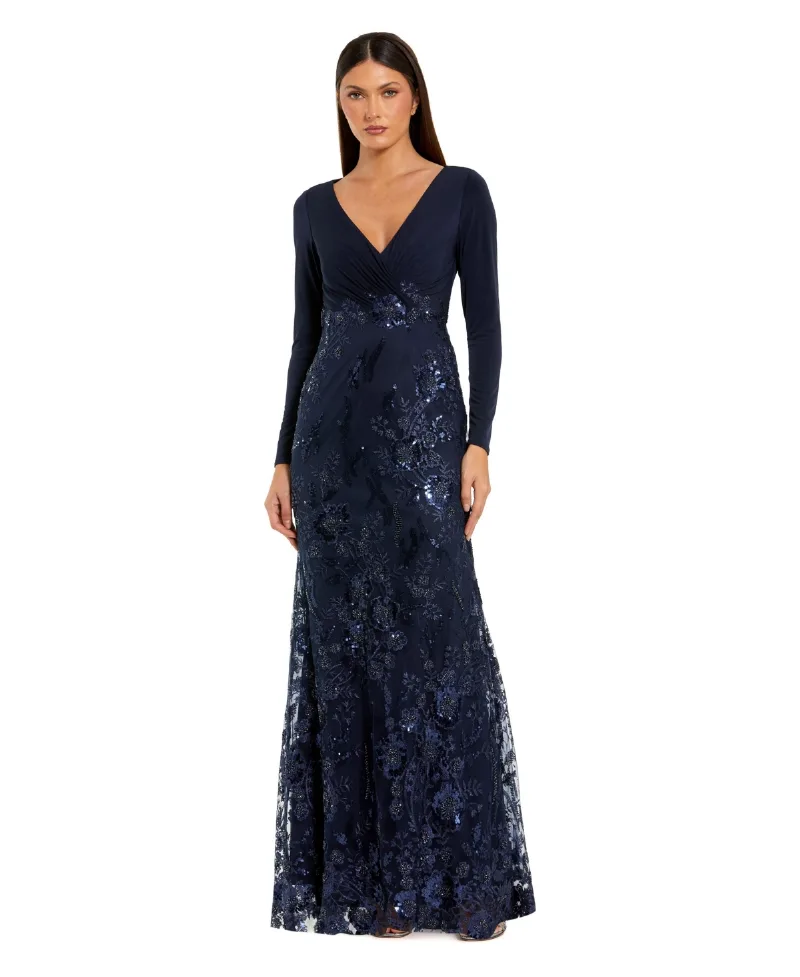 Mac Duggal Embellished Long Sleeve Wrap Over Trumpet Gown - Midnight