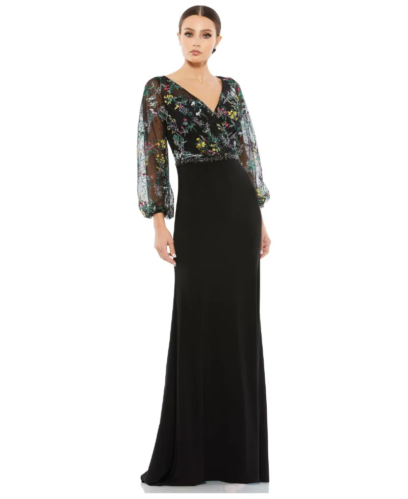 Mac Duggal Women's Embroidered Illusion Puff Sleeve Column Gown - Black multi