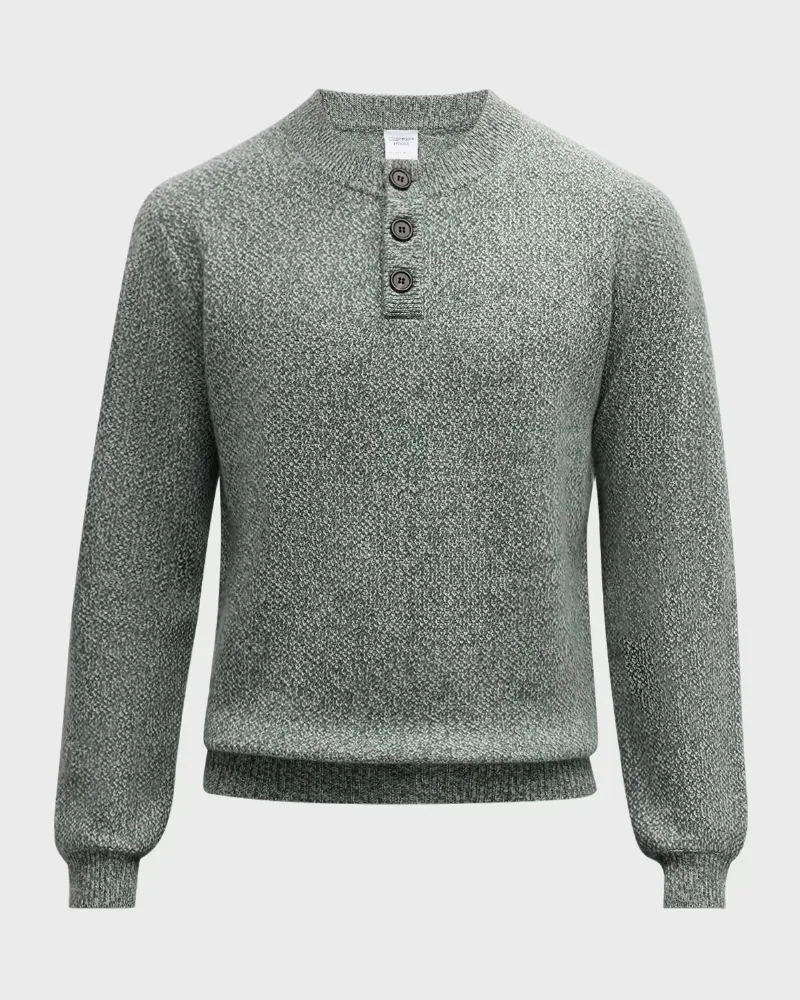 Neiman Marcus Men's Marled Button Crewneck Sweater