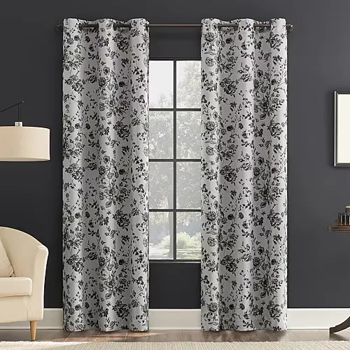 Sun Zero Percy Merina Print Grommet Top Energy Saving 100% Blackout Single Curtain Panel, One Size, Black