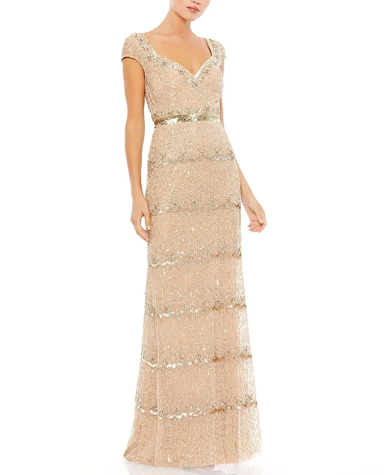 Mac Duggal Cap Sleeve Sweetheart Neckline Beaded Sequin Column Gown