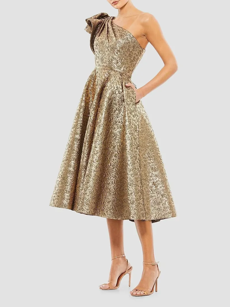 Women's Asymmetric Metallic Tea-Length Dress - Antique Bronze - Size 0