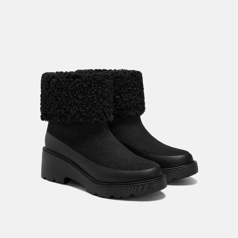 VIVAIA Faux Fur Platform Chunky Wedge Boots（Elaine）|BLACK WOOL|US 9.5