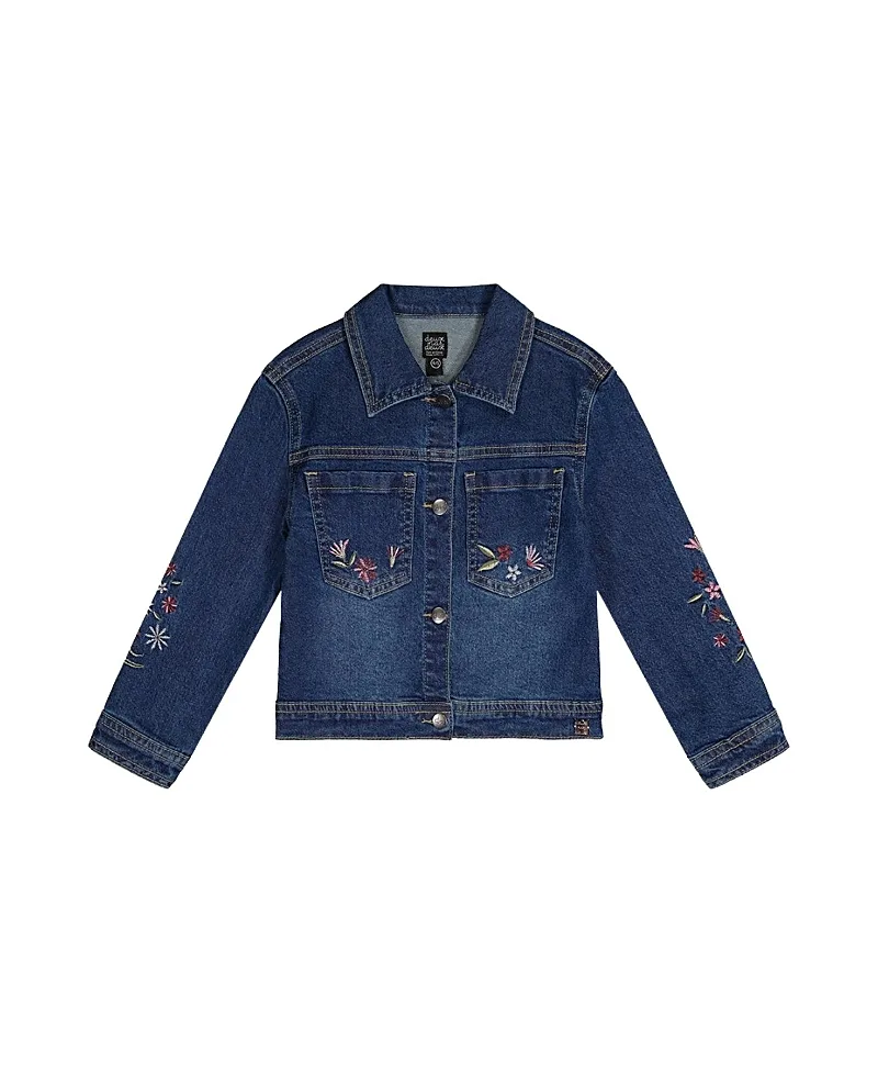 Deux par Deux Girls' Soft Poetry Stretch Fabric Flower Embroidery Denim Jacket - Little Kid