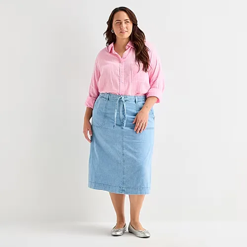 St. John's Bay Womens Plus High Rise Midi A-Line Skirt, 16w, Blue