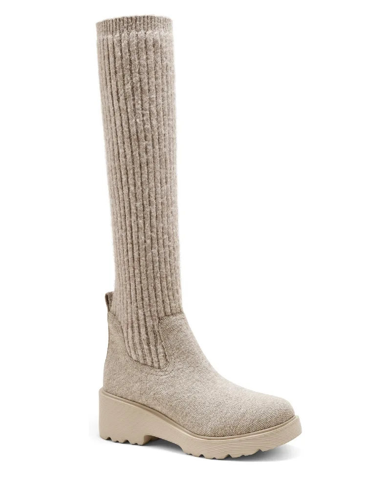 Vivaia Women's Eduarda Round-Toe Knee-High Wool Wedge Boots - Oat milk wool water rpt