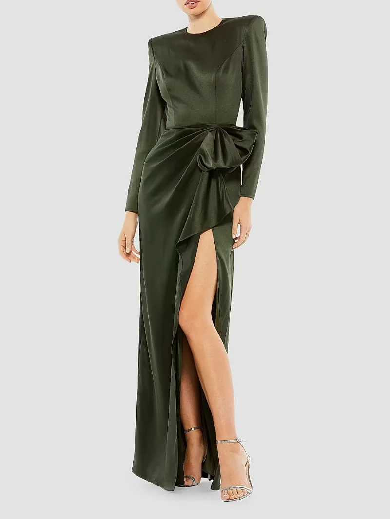 Women's Satin Power Shoulder Gown - Olive - Size 14