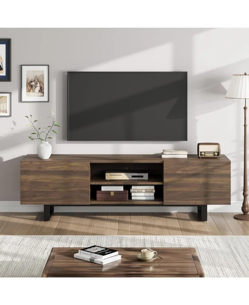 Industrial Tv Stand for 65+ inch TVs, Modern Entertainment Center with 2 Drawers, Wooden Media Cabinet, Black - Brown