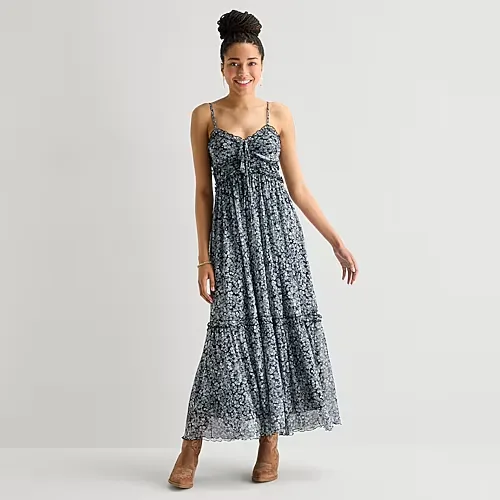 Arizona Womens Juniors V Neck Sleeveless Spaghetti Straps Maxi Dress, X-small, Blue
