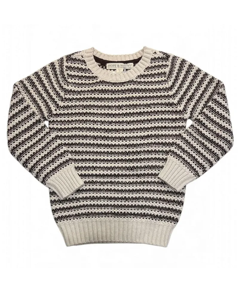 Hope & Henry Hope and Henry Boy's Small to Xlarge Organic Striped Crew Neck Pullover Sweater - Chocolate and tan stripe