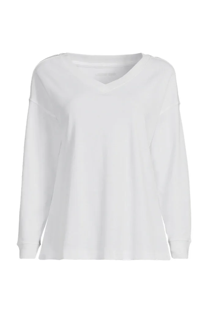 Women's Long Sleeve Cotton V-Neck Tee - Lands' End - White - L