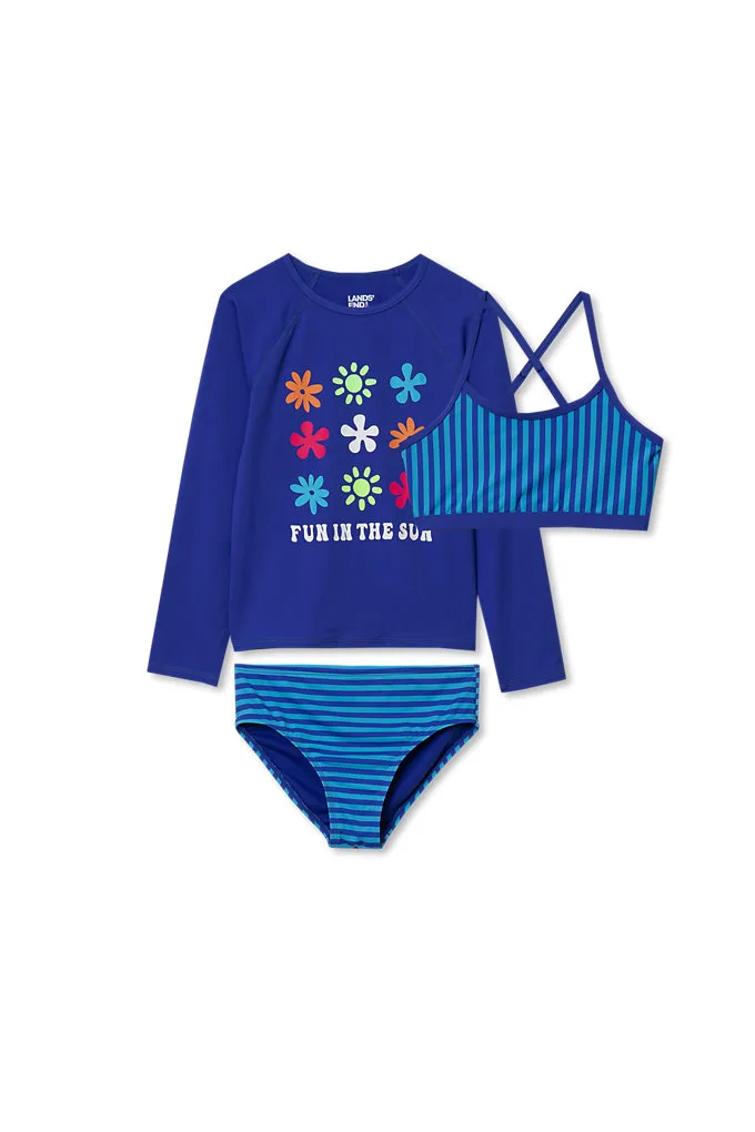 Girls Slim Chlorine Resistant Long Sleeve Rash Guard Bikini 3 Piece Swimsuit Set - Lands' End - Blue - L