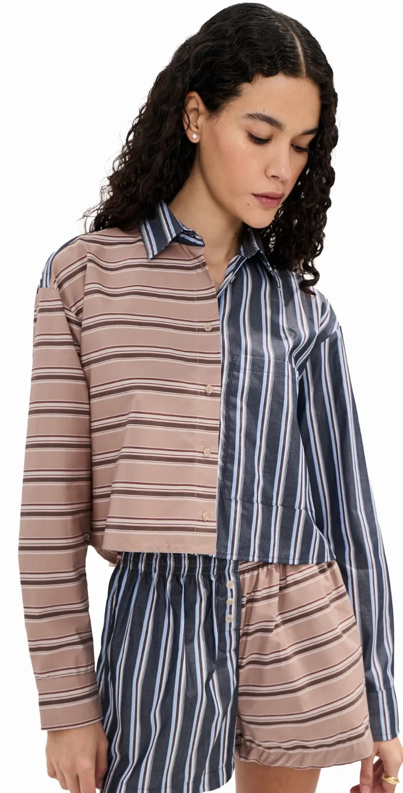 LE BOP Collins Button Down Shirt Denim/Khaki Stripe M