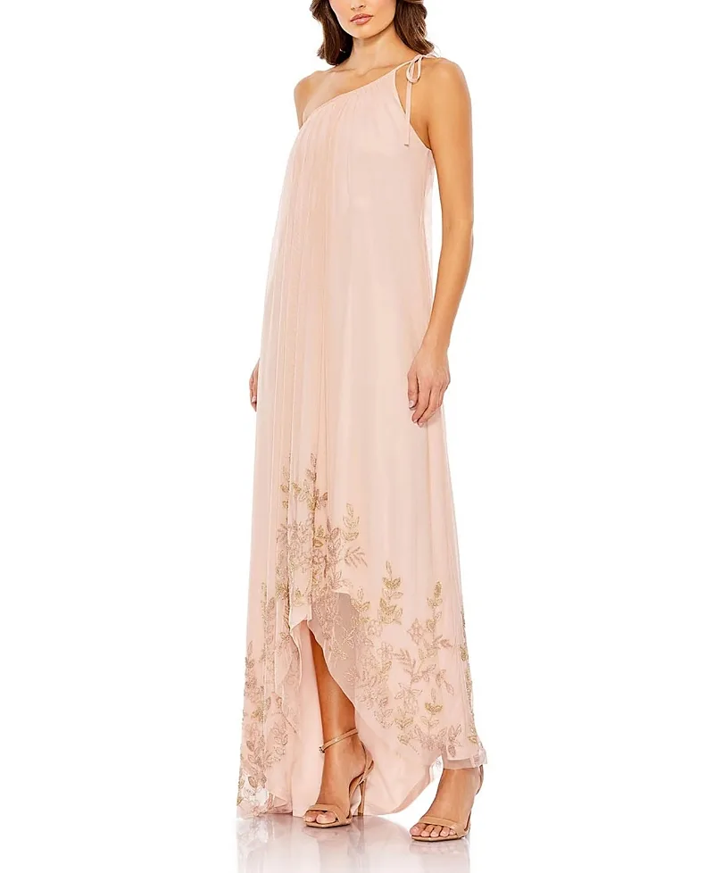 Mac Duggal Flowy One Shoulder Asymmetrical Beaded Gown