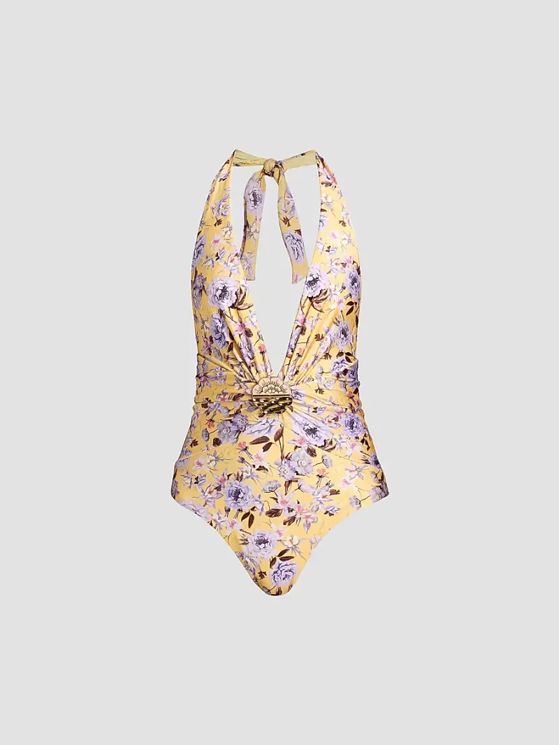 PatBO Women's Peony Halterneck Swimsuit - Yellow - Size Large