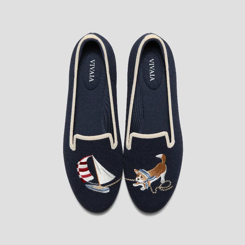 VIVAIA Round-Toe Embroidered Loafers (Audrey)|NAVY - CREAM IVORY-SAILOR CORGI|7-7.5