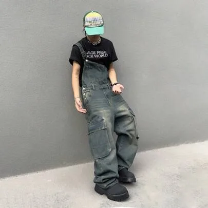 Men's Casual Grunge Loose Fit Cargo Pockets Denim Bib Overall Jumpsuit Street College Sport Work