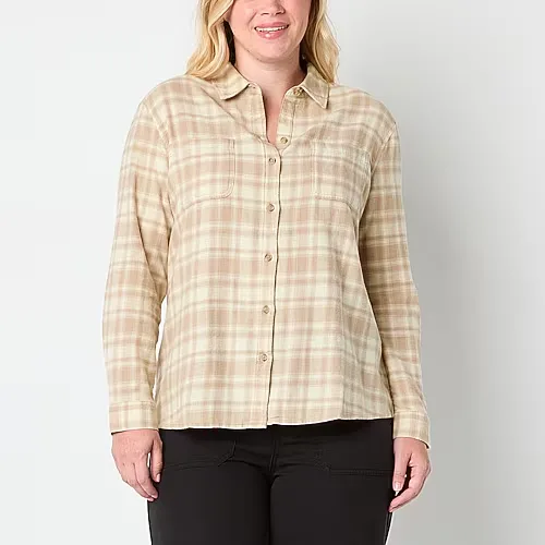 A.N.A Plaid Womens Long Sleeve Blouse, Small, Beige