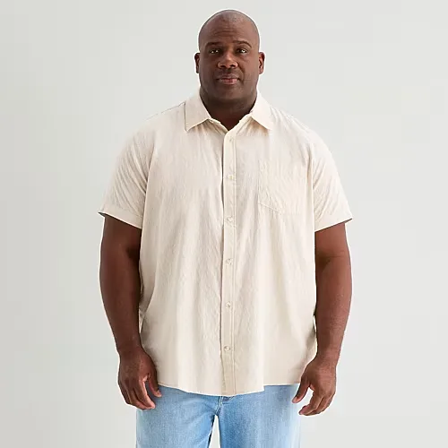 mutual weave Mens Short Sleeve Regular Fit Big and Tall Button-Down Shirt, 2x-large Tall, Beige