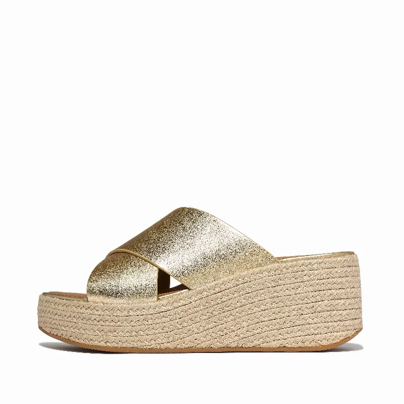 PLATFFORMS Espadrille Metallic-Leather Wedge Cross Slides