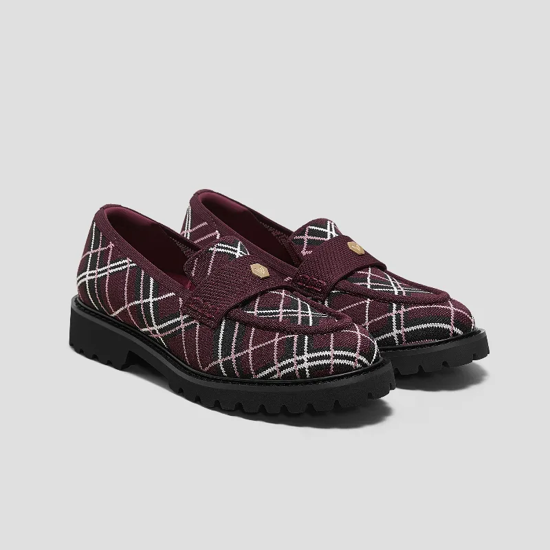 VIVAIA Round-Toe Platform Chunky Heel Loafers (Francesca)|BURGUNDY LINED PLAID|US 9.5