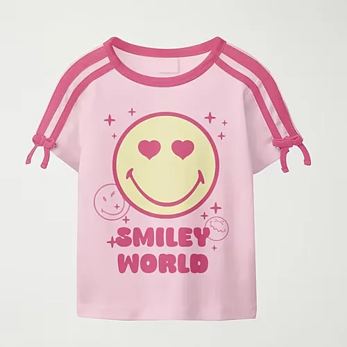 Smiley Little & Big Kid Girls Round Neck Short Sleeve Regular Fit Graphic T-Shirt, X-small (6-6x), Pink