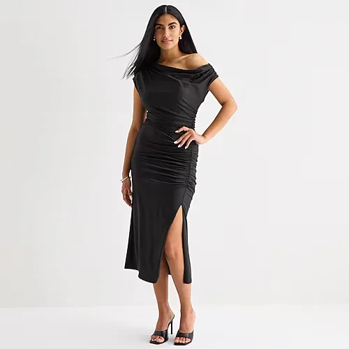 Premier Amour One Shoulder Womens Midi Asymmetrical Neck Short Sleeve Sheath Dress, 6, Black