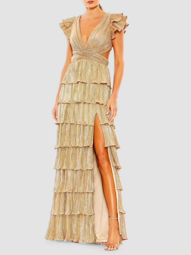 Mac Duggal Women's Ieena Metallic Tiered Gown - Gold - Size 14