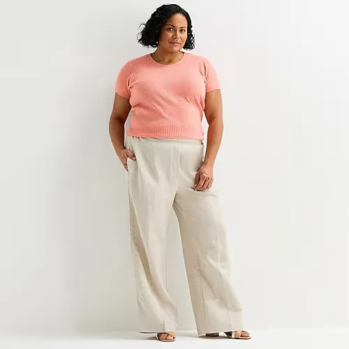 Liz Claiborne Linen Womens Plus Wide Leg Mid Rise Pull-On Pant, 1x, Beige