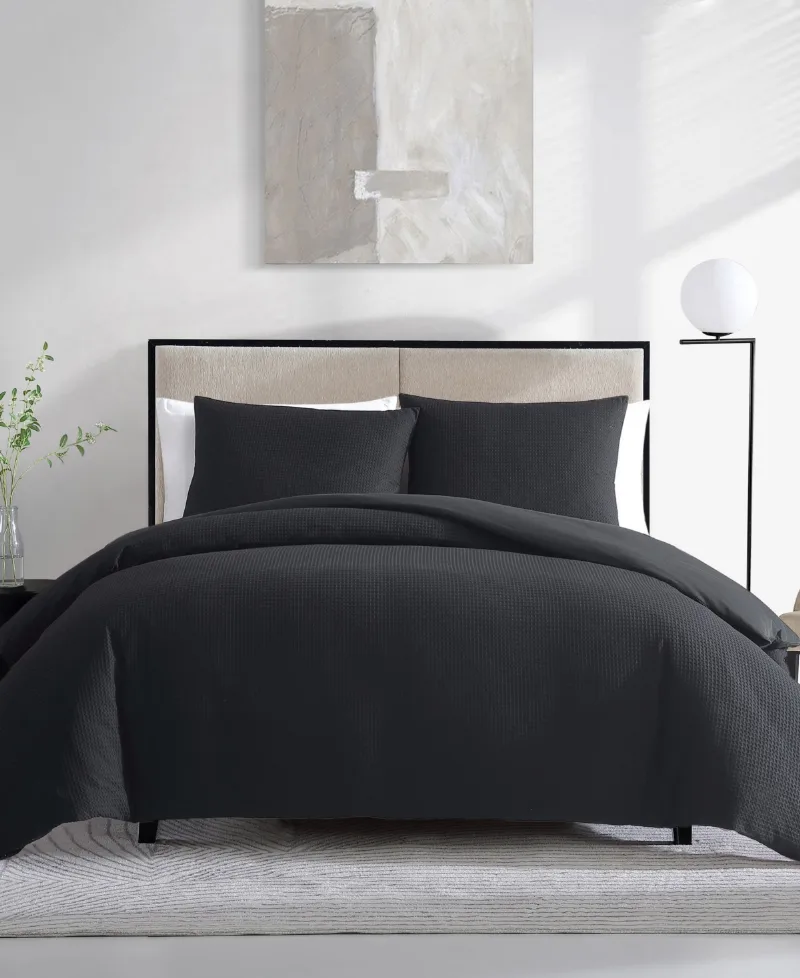 Vera Wang Waffle Pique Cotton 3 Piece Duvet Cover Set, Queen - Black