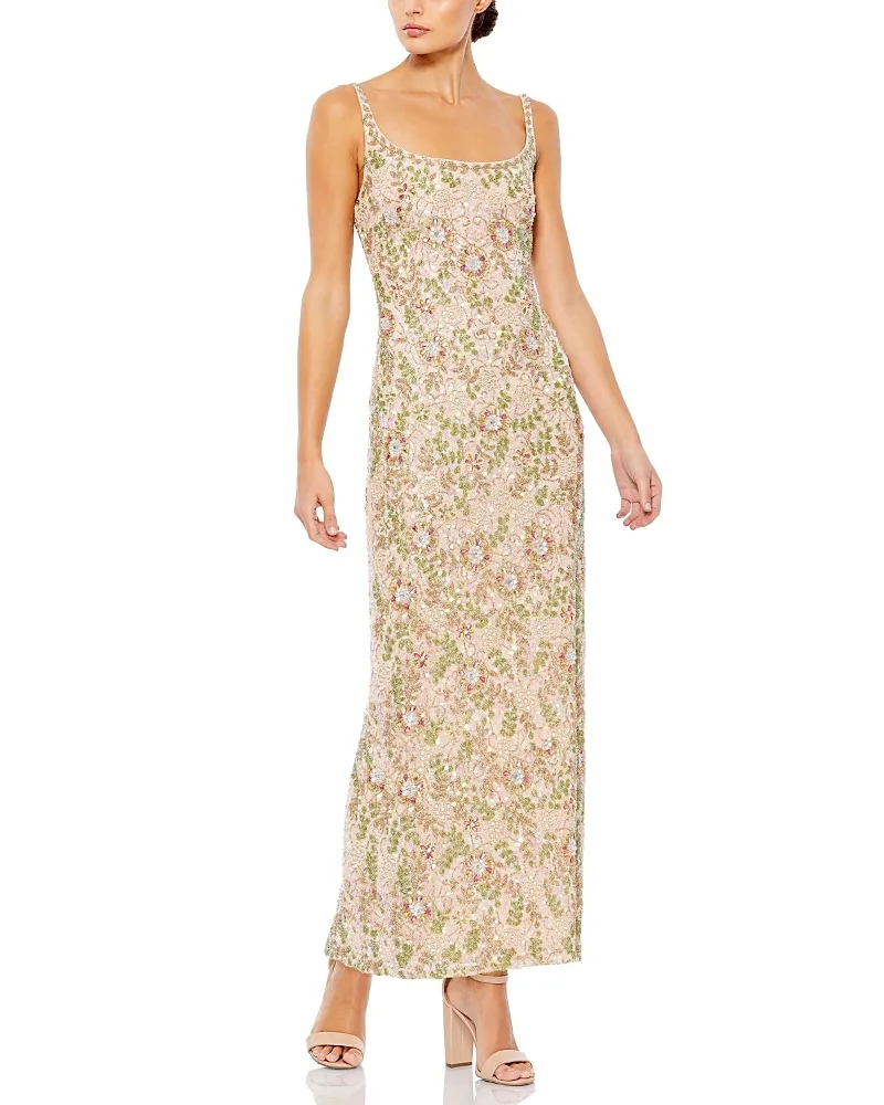Mac Duggal Sleeveless Hand Beaded Floral Midi Dress