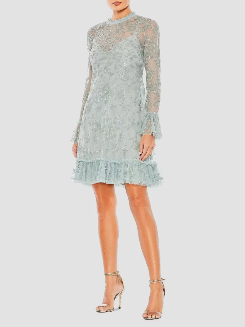 Mac Duggal Women's Floral Sequin Ruffled Illusion Minidress - Seafoam - Size 0