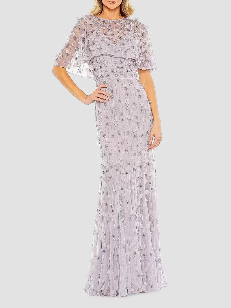 Mac Duggal Women's Embellished Illusion Cape-Sleeve Trumpet Gown - Vintage Lilac - Size 4