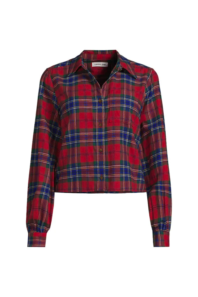 Women's Cropped Flannel Shirt - Lands' End - Red - L
