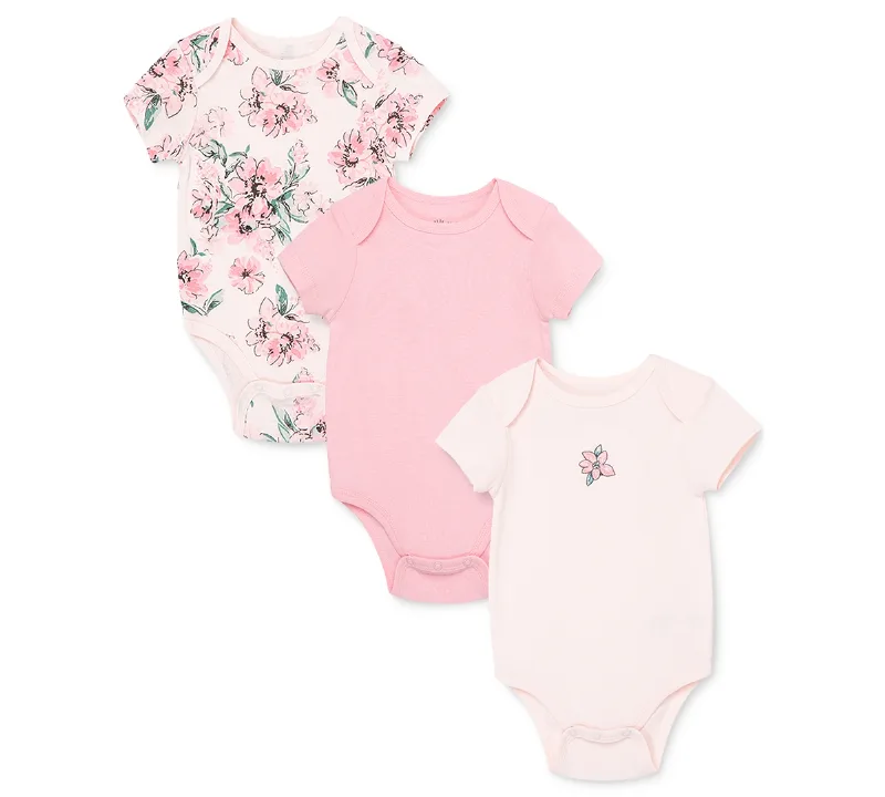 Little Me Baby Girls Floral Short Sleeve Bodysuits, Pack of 3 - Bright Pink