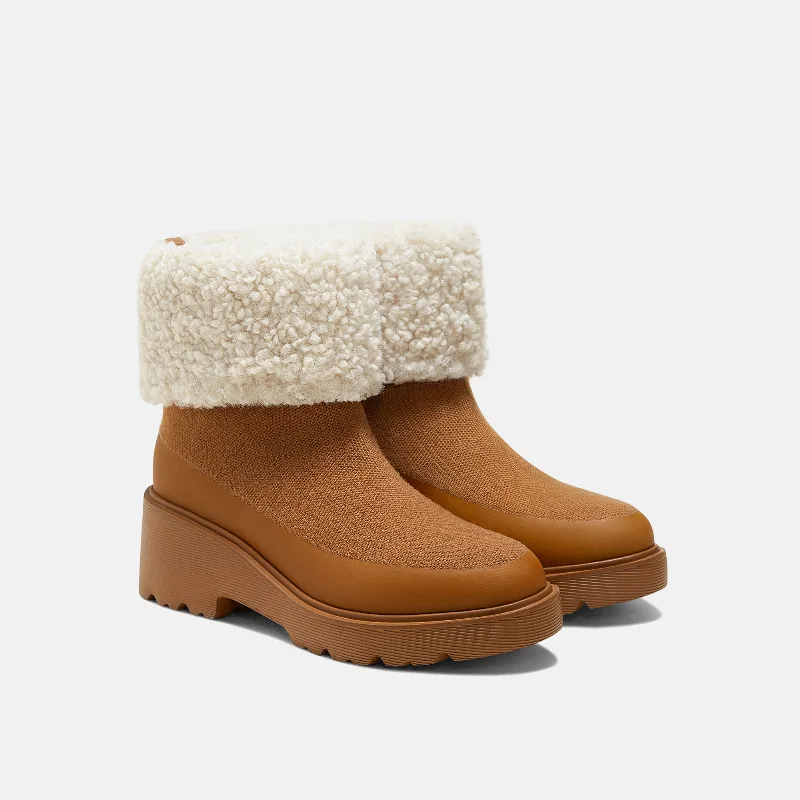 VIVAIA Faux Fur Platform Chunky Wedge Boots (Elaine)|CARAMEL WOOL|US 10.5