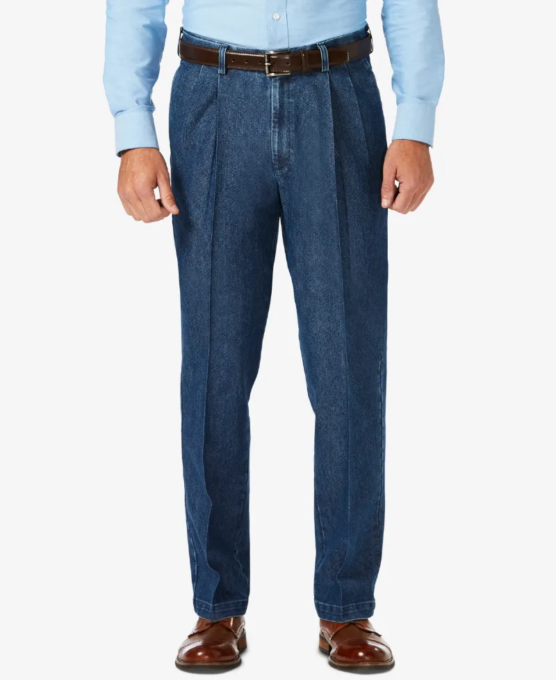 Haggar Men's Stretch Denim Classic-Fit Pleated Pants - Med Stonewash