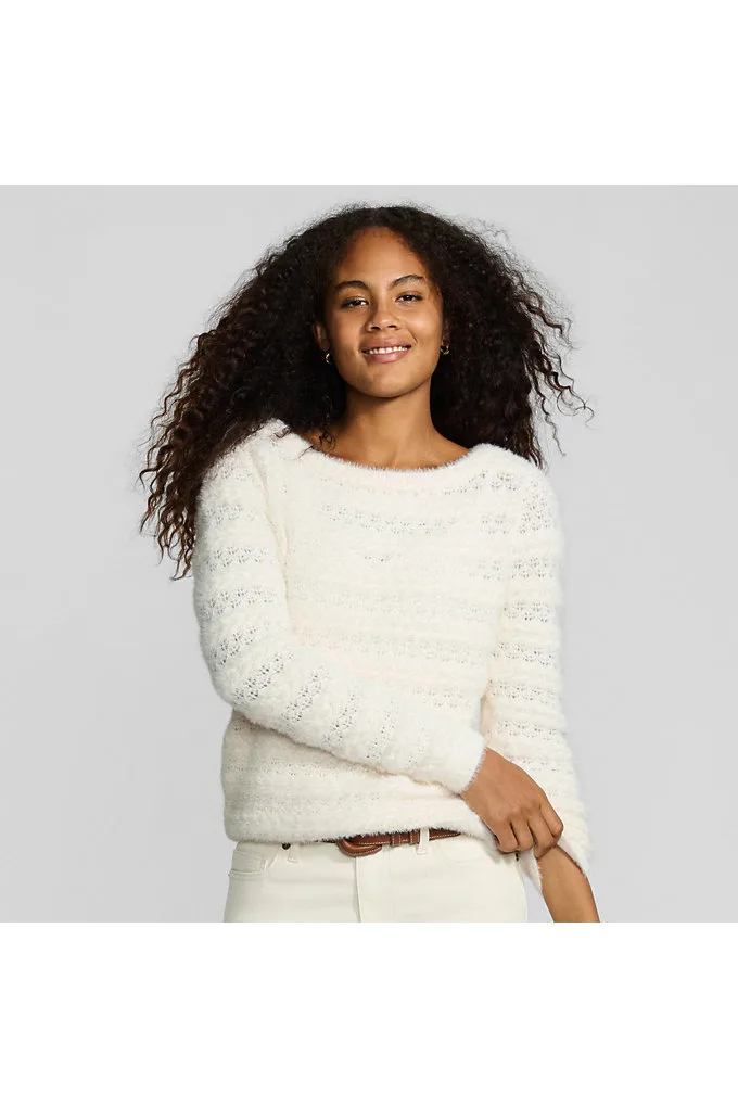 Women's Fuzzy Eyelash Cable Boatneck Sweater - Lands' End - Ivory - L