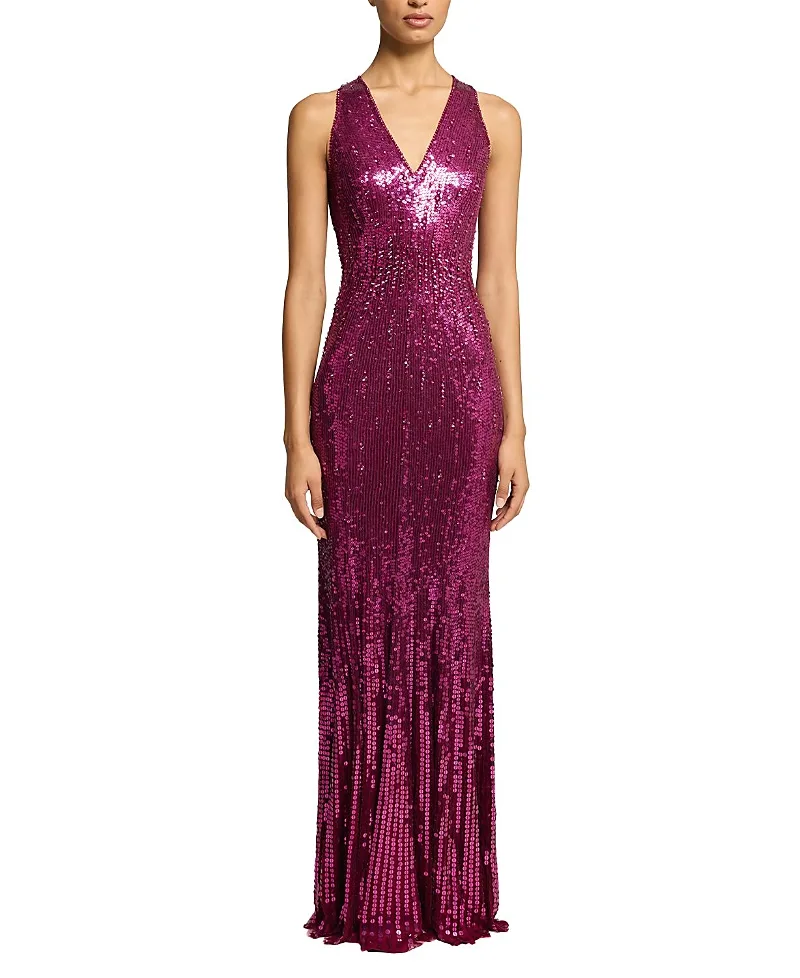 Jenny Packham Black Flower Sequined V-Neck Maxi Dress