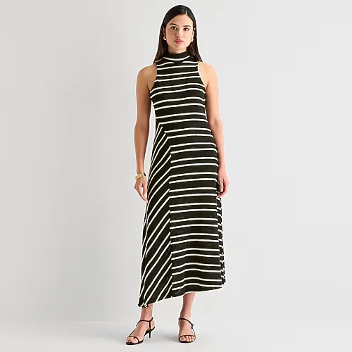 Worthington Womens Sleeveless Striped Midi Sweater Dress, X-small, Black