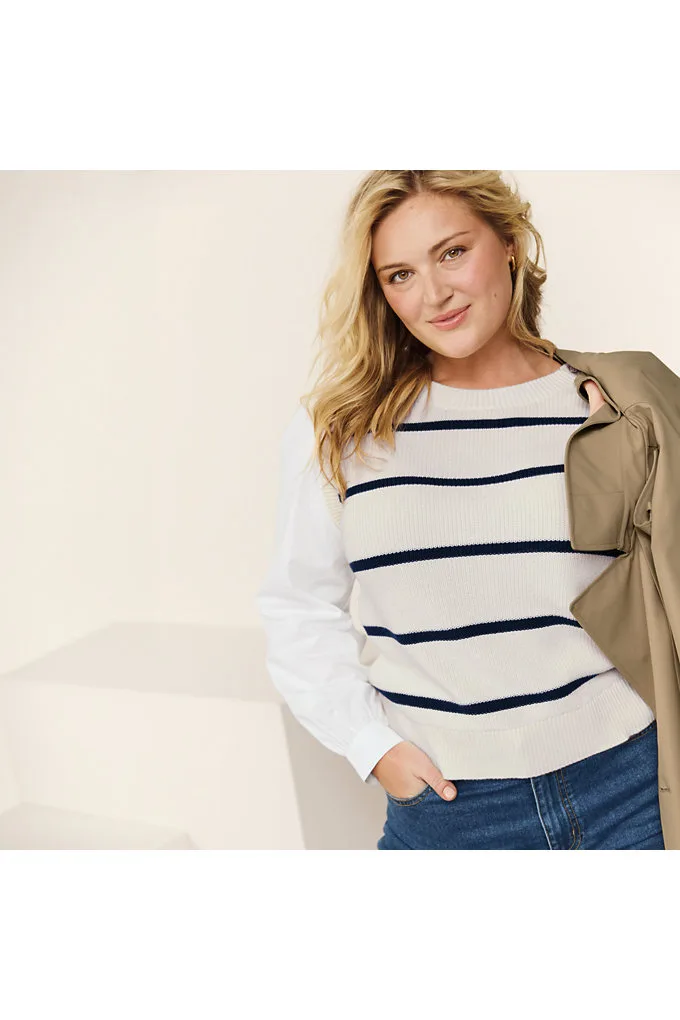 Women's Drifter Shaker Button Shoulder Sweater Vest with Poplin Sleeves - Lands' End - Ivory - S