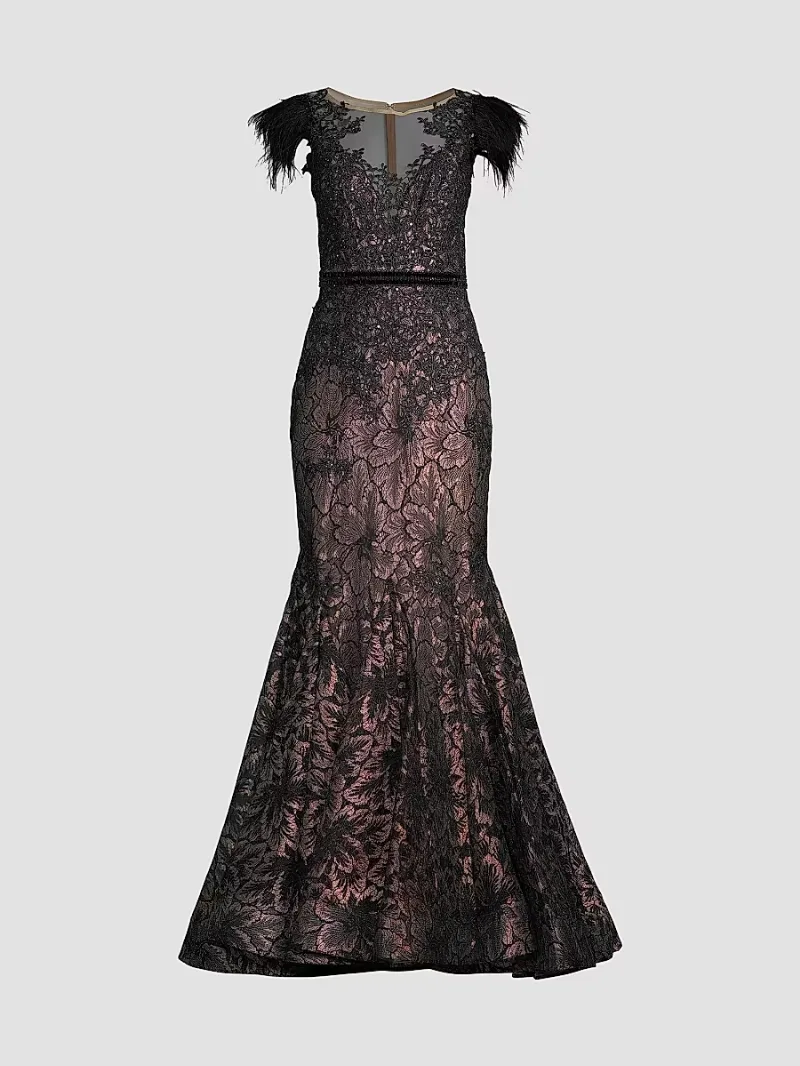 Women's Velvet Floral Applique Mermaid Gown - Black - Size 8